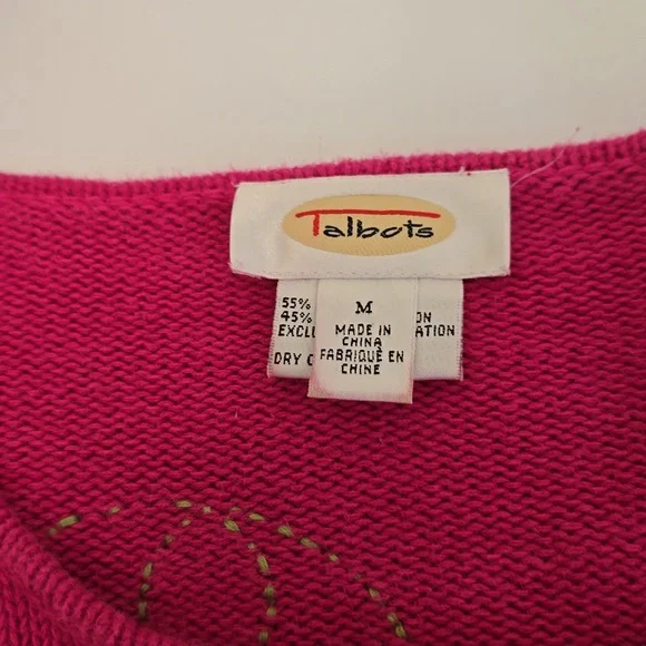 Talbots Pink Ramie Blend Cardigan Felt Sweet Peas Floral Embroidery Size Medium - Picture 12 of 13